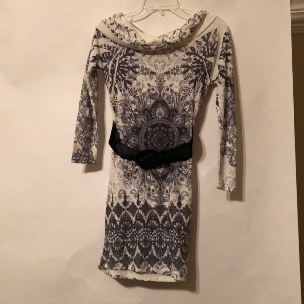 Cream and grey print midi dress